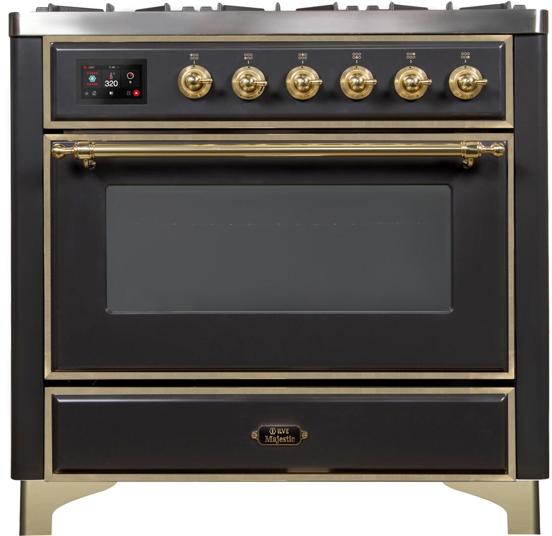 ILVE Majestic II 36" Liquid Propane Dual Fuel Range Matte Graphite Brass Trim UM09FDNS3MGGLP
