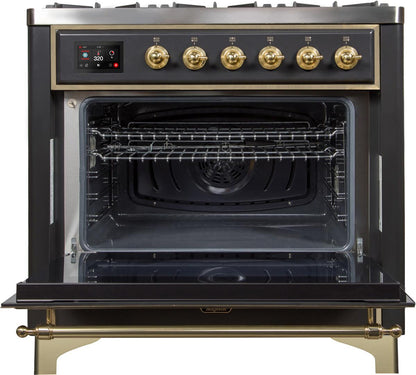ILVE Majestic II 36" Liquid Propane Dual Fuel Range Matte Graphite Brass Trim UM09FDNS3MGGLP