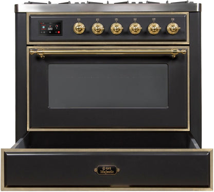 ILVE Majestic II 36" Liquid Propane Dual Fuel Range Matte Graphite Brass Trim UM09FDNS3MGGLP