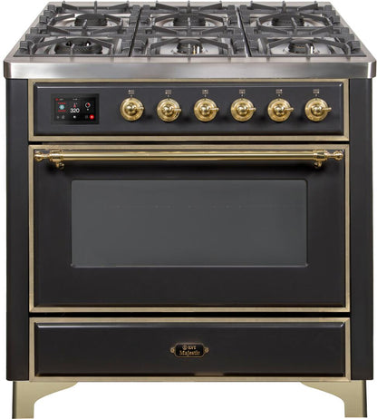 ILVE Majestic II 36" Liquid Propane Dual Fuel Range Matte Graphite Brass Trim UM09FDNS3MGGLP