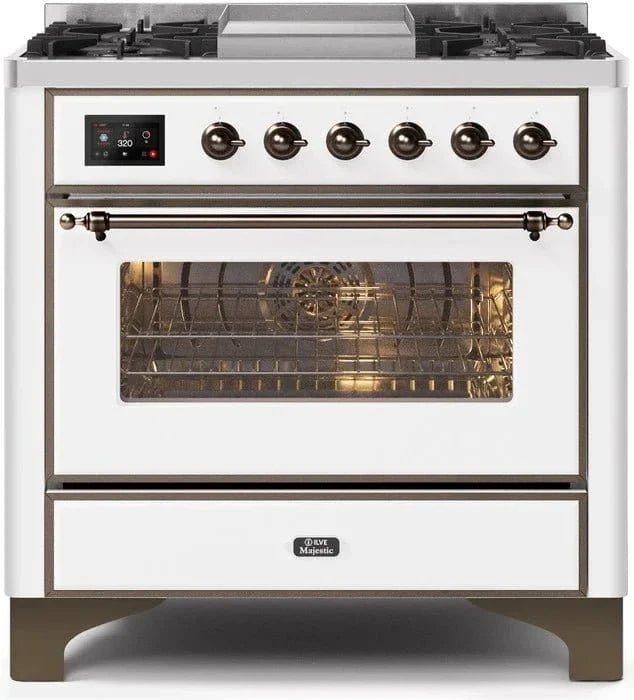 ILVE Majestic II 36" Dual Fuel Range White Bronze Trim UM09FDNS3WHB