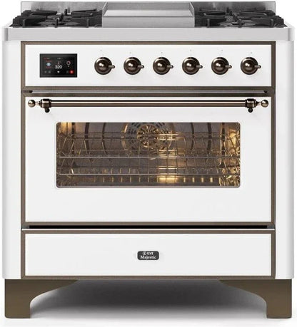 ILVE Majestic II 36" Dual Fuel Range White Bronze Trim UM09FDNS3WHB