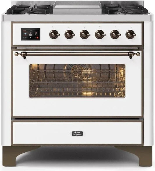 ILVE Majestic II 36" Dual Fuel Range White Bronze Trim UM09FDNS3WHB