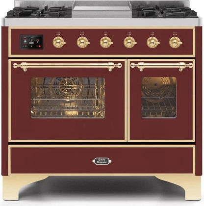 ILVE Majestic II 40" Dual Fuel Range Burgundy Brass Trim UMD10FDNS3BUG