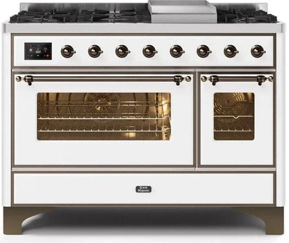 ILVE Majestic II 48" Dual Fuel Natural Gas Freestanding Range, White, Bronze Trim UM12FDNS3WHB
