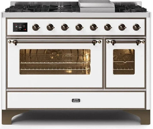 ILVE Majestic II 48" Dual Fuel Natural Gas Freestanding Range, White, Bronze Trim UM12FDNS3WHB