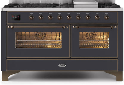 ILVE Majestic II 60" Dual Fuel Natural Gas Freestanding Range, Matte Graphite, Bronze Trim UM15FDNS3MGB