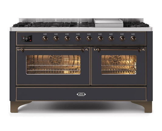 ILVE Majestic II 60" Dual Fuel Natural Gas Freestanding Range, Matte Graphite, Bronze Trim UM15FDNS3MGB