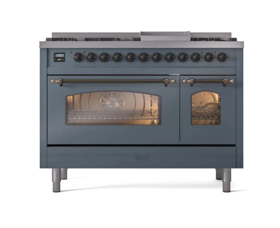 ILVE Nostalgie II 48" Dual Fuel Liquid Propane Range, Blue Grey, Bronze Trim UP48FNMPBGBLP
