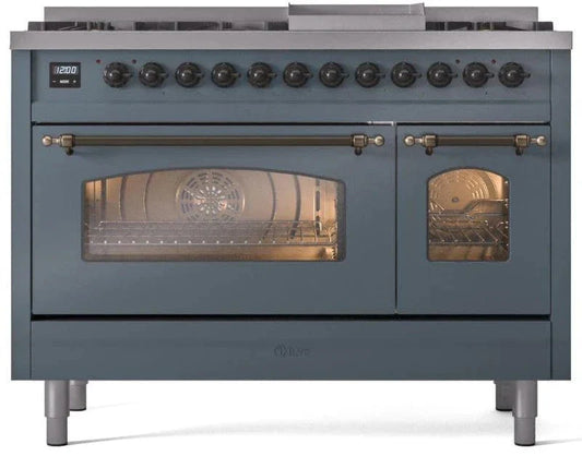 ILVE Nostalgie II 48" Dual Fuel Liquid Propane Range, Blue Grey, Bronze Trim UP48FNMPBGBLP
