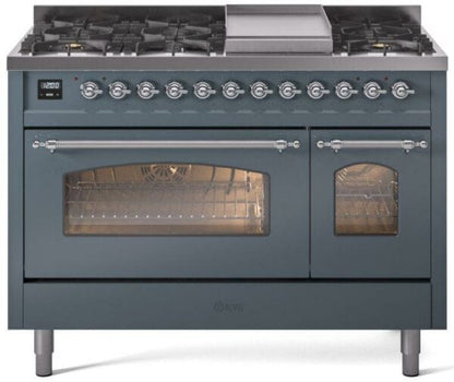 ILVE Nostalgie II 48" Dual Fuel Natural Gas Range, Blue Grey, Chrome Trim UP48FNMPBGC
