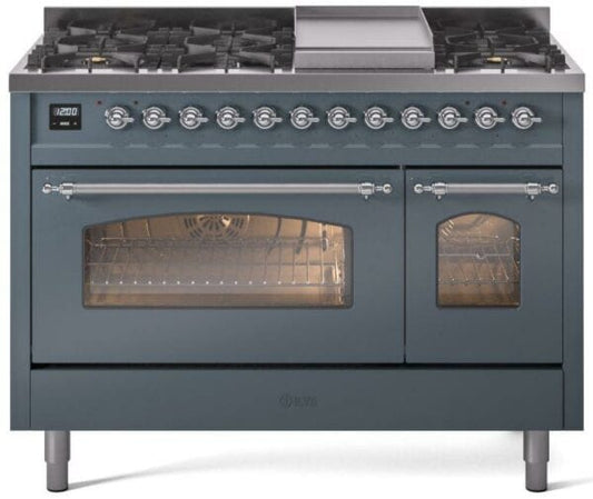 ILVE Nostalgie II 48" Dual Fuel Natural Gas Range, Blue Grey, Chrome Trim UP48FNMPBGC