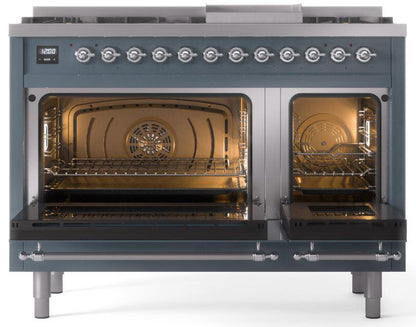 ILVE Nostalgie II 48" Dual Fuel Natural Gas Range, Blue Grey, Chrome Trim UP48FNMPBGC