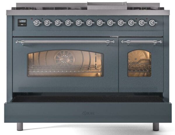 ILVE Nostalgie II 48" Dual Fuel Natural Gas Range, Blue Grey, Chrome Trim UP48FNMPBGC