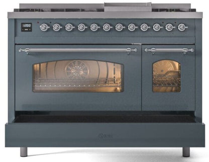 ILVE Nostalgie II 48" Dual Fuel Natural Gas Range, Blue Grey, Chrome Trim UP48FNMPBGC