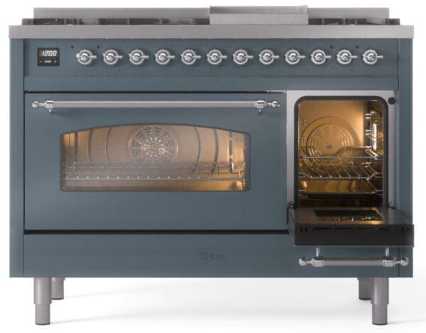 ILVE Nostalgie II 48" Dual Fuel Natural Gas Range, Blue Grey, Chrome Trim UP48FNMPBGC