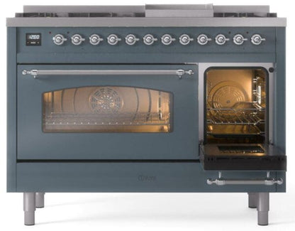ILVE Nostalgie II 48" Dual Fuel Natural Gas Range, Blue Grey, Chrome Trim UP48FNMPBGC