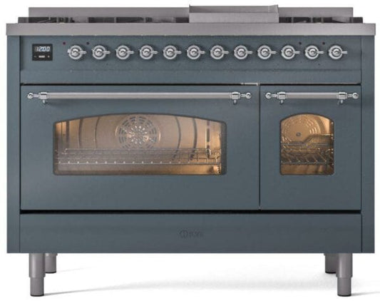 ILVE Nostalgie II 48" Dual Fuel Natural Gas Range, Blue Grey, Chrome Trim UP48FNMPBGC
