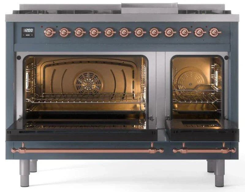 ILVE Nostalgie II 48" Dual Fuel Natural Gas Range, Blue Grey, Copper Trim UP48FNMPBGP