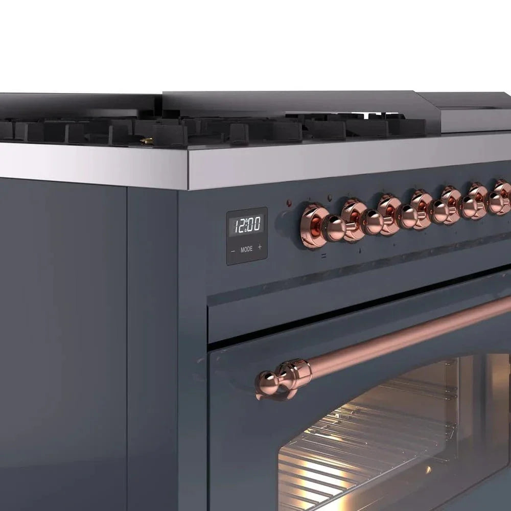ILVE Nostalgie II 48" Dual Fuel Natural Gas Range, Blue Grey, Copper Trim UP48FNMPBGP
