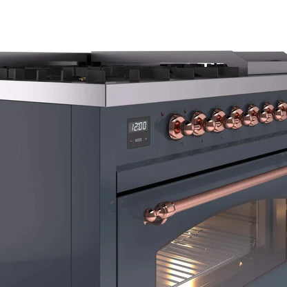 ILVE Nostalgie II 48" Dual Fuel Natural Gas Range, Blue Grey, Copper Trim UP48FNMPBGP
