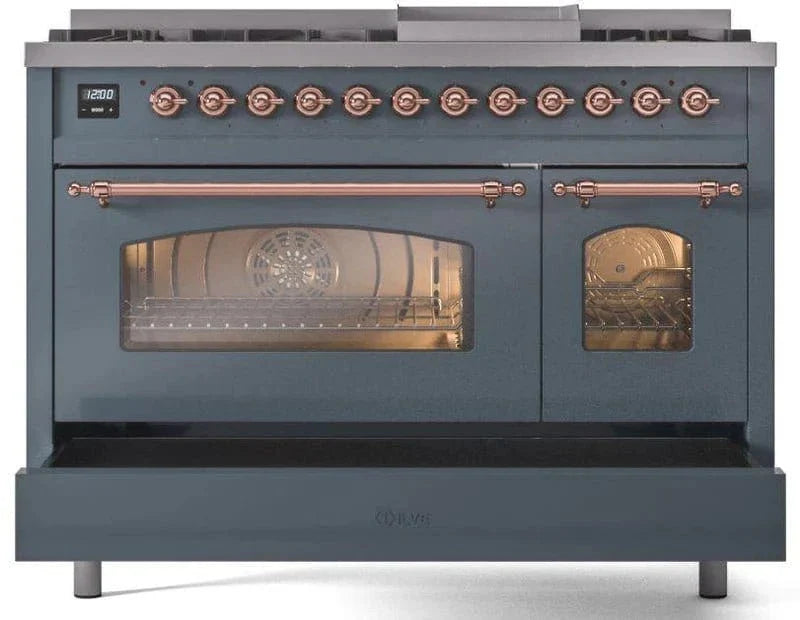 ILVE Nostalgie II 48" Dual Fuel Natural Gas Range, Blue Grey, Copper Trim UP48FNMPBGP
