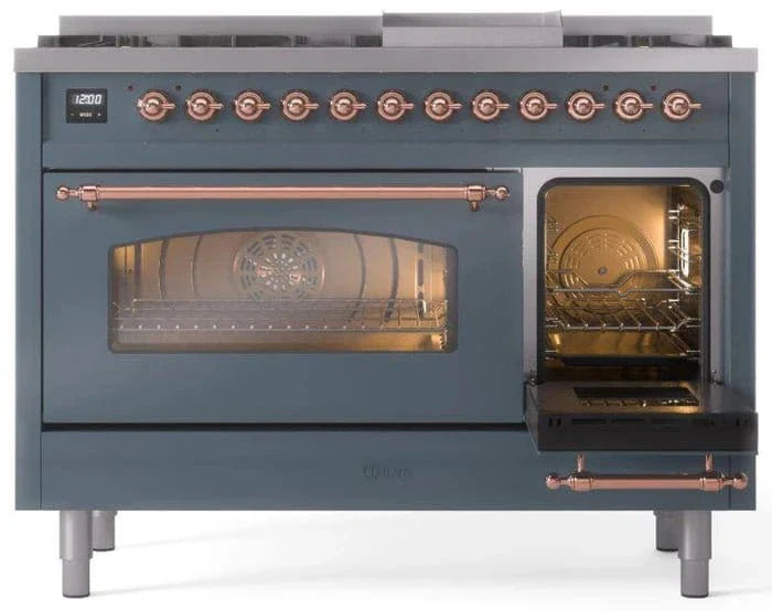ILVE Nostalgie II 48" Dual Fuel Natural Gas Range, Blue Grey, Copper Trim UP48FNMPBGP