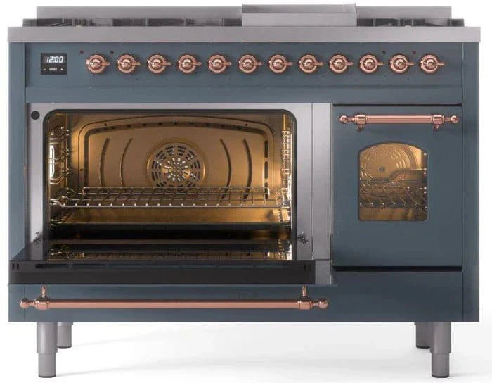 ILVE Nostalgie II 48" Dual Fuel Natural Gas Range, Blue Grey, Copper Trim UP48FNMPBGP