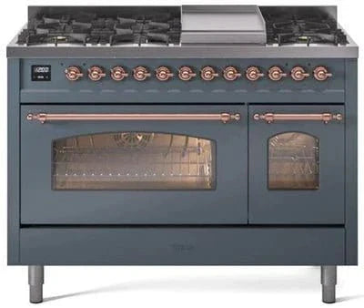 ILVE Nostalgie II 48" Dual Fuel Natural Gas Range, Blue Grey, Copper Trim UP48FNMPBGP