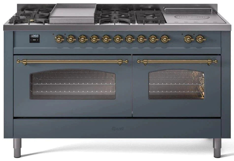 ILVE Nostalgie II 60" Dual Fuel Liquid Propane Range, Blue Grey, Brass Trim UP60FSNMPBGGLP