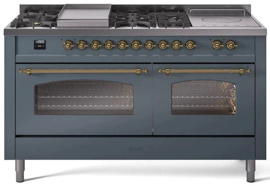 ILVE Nostalgie II 60" Dual Fuel Liquid Propane Range, Blue Grey, Brass Trim UP60FSNMPBGGLP