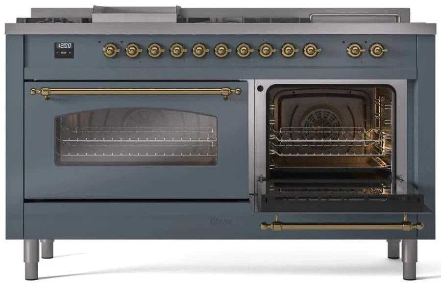 ILVE Nostalgie II 60" Dual Fuel Liquid Propane Range, Blue Grey, Brass Trim UP60FSNMPBGGLP