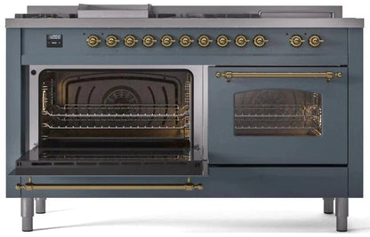 ILVE Nostalgie II 60" Dual Fuel Liquid Propane Range, Blue Grey, Brass Trim UP60FSNMPBGGLP