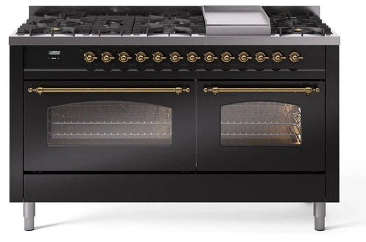 ILVE Nostalgie II 60" Dual Fuel Liquid Propane Range, Glossy Black, Brass Trim UP60FNMPBKGLP