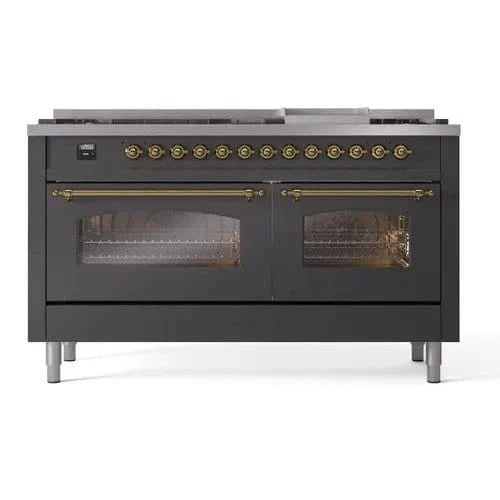 ILVE Nostalgie II 60" Dual Fuel Natural Gas Range, Matte Graphite, Brass Trim UP60FNMPMGG