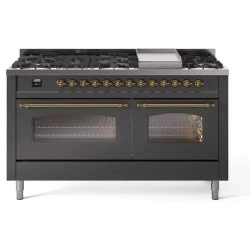 ILVE Nostalgie II 60" Dual Fuel Natural Gas Range, Matte Graphite, Brass Trim UP60FNMPMGG