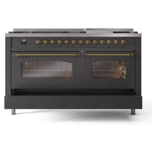 ILVE Nostalgie II 60" Dual Fuel Natural Gas Range, Matte Graphite, Brass Trim UP60FNMPMGG