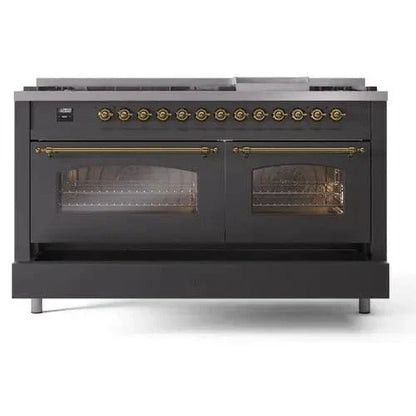 ILVE Nostalgie II 60" Dual Fuel Natural Gas Range, Matte Graphite, Brass Trim UP60FNMPMGG