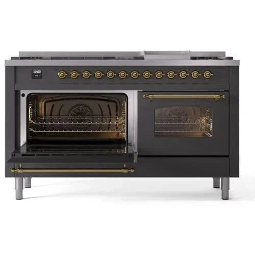 ILVE Nostalgie II 60" Dual Fuel Natural Gas Range, Matte Graphite, Brass Trim UP60FNMPMGG
