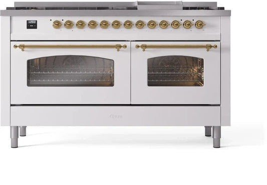 ILVE Nostalgie II 60" Dual Fuel Liquid Propane Range, White, Brass Trim UP60FNMPWHGLP