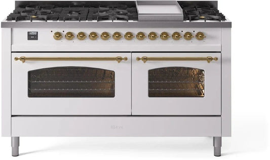 ILVE Nostalgie II 60" Dual Fuel Liquid Propane Range, White, Brass Trim UP60FNMPWHGLP