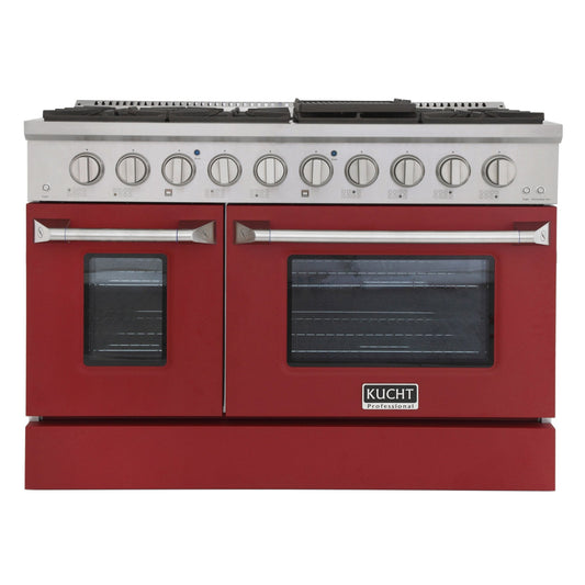 Kucht 48" Gas Range in Stainless Steel, Red Oven Doors, KNG481-R