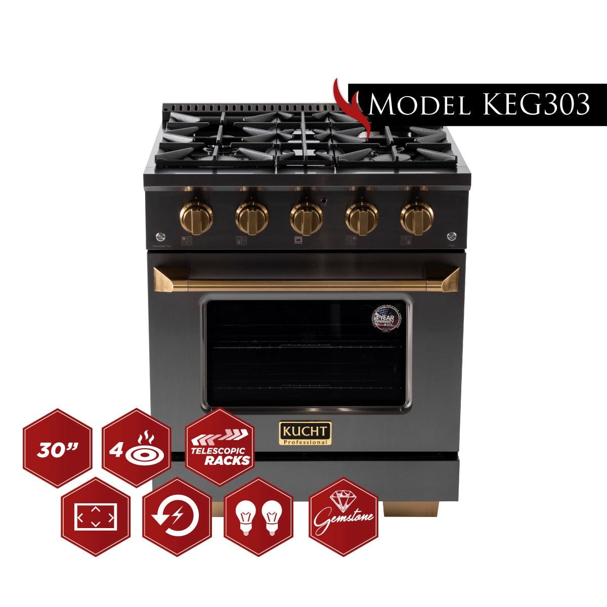 KUCHT Gemstone Professional 30 in. 4.2 cu. ft. Natural Gas Range with Sealed Burners and Convection Oven in Titanium Stainless Steel KEG303