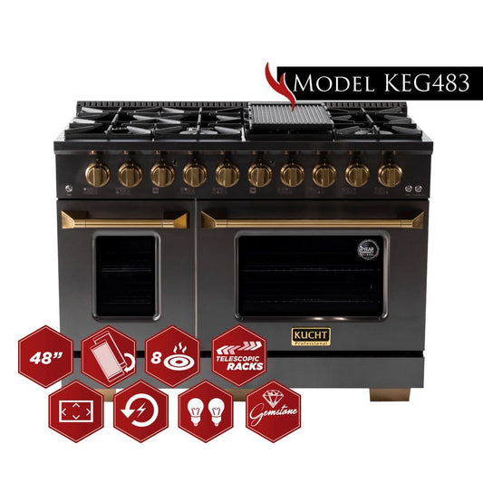 KUCHT Gemstone Professional 48 in. 6.7 cu. ft. Natural Gas Range with Sealed Burners, Griddle/Grill and Two Ovens - One Convection - in Titanium Stainless Steel KEG483