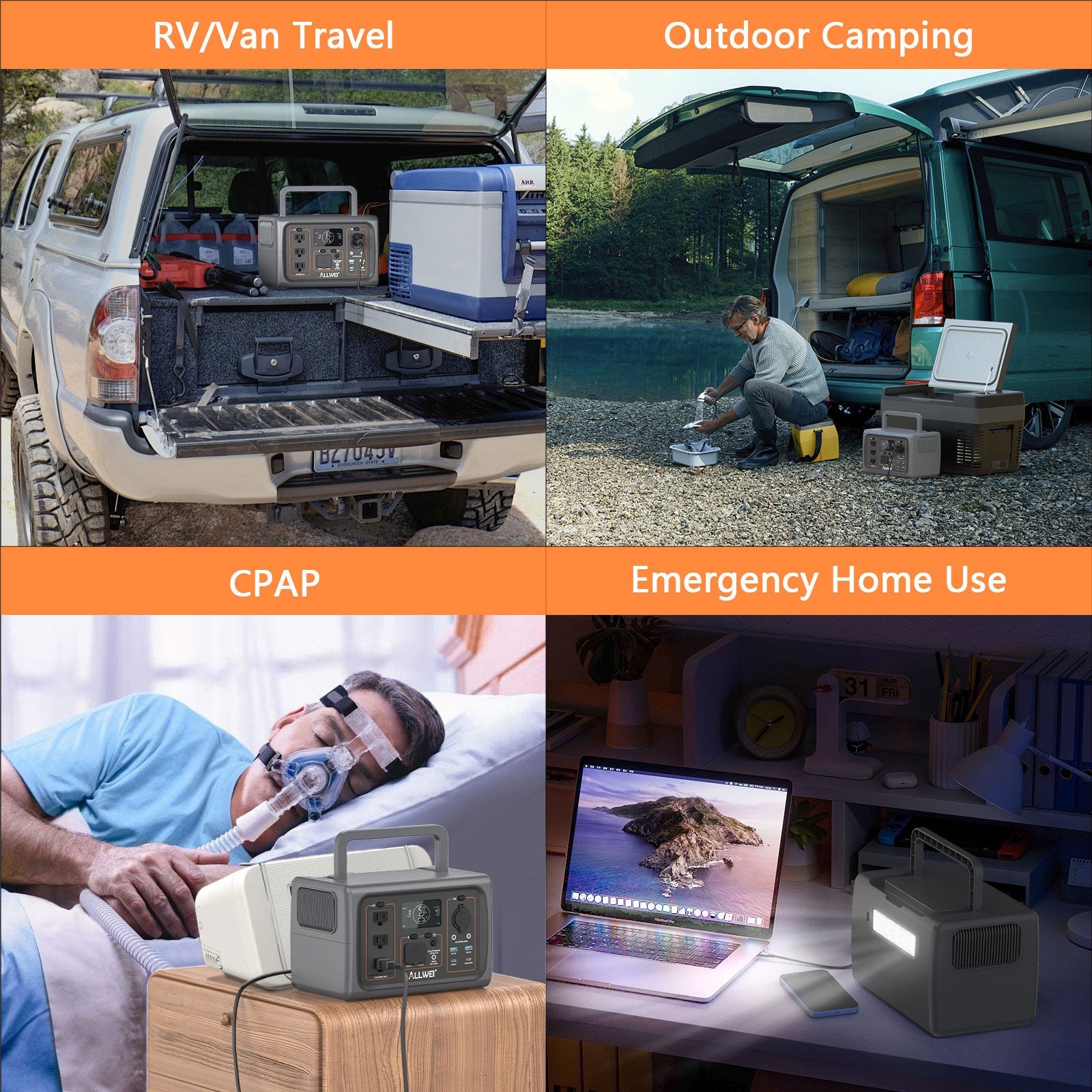 Collage of images showing an RV/Van, outdoor camping setup, CPAP machine use, and emergency home use scenarios.