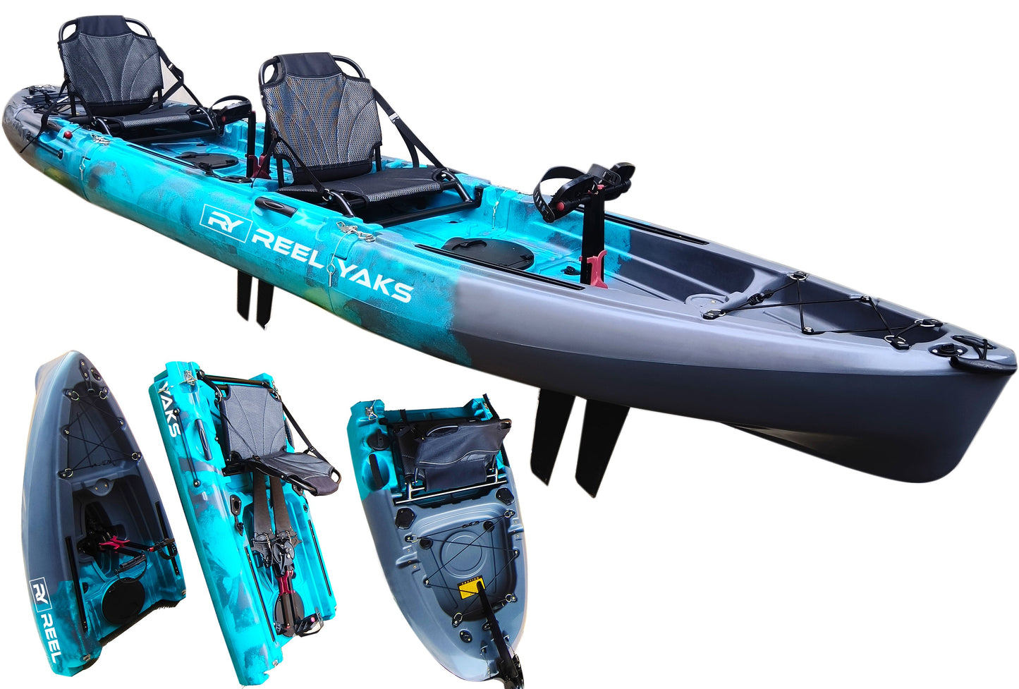 Reel Yaks 14ft Raptor Tandem or Solo Modular Raptor Fin or Prop Drive Pedal Fishing Kayak | 520lbs Capacity | 3 Piece