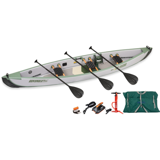 Sea Eagle Travel Canoe 16 Wood/Web Seats for 3 Electric Pump Package