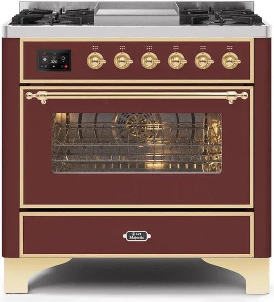 ILVE 36" Majestic II Dual Fuel Range Burgundy Brass Trim UM09FDNS3BUG